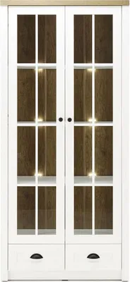 Produktbild von Landhaus-Vitrine 2trg & 2 Schubkästen PISA-61 in Pinie weiß und Eiche hell, inkl. Beleuchtung, B/H/T ca.: 90/198/43 cm