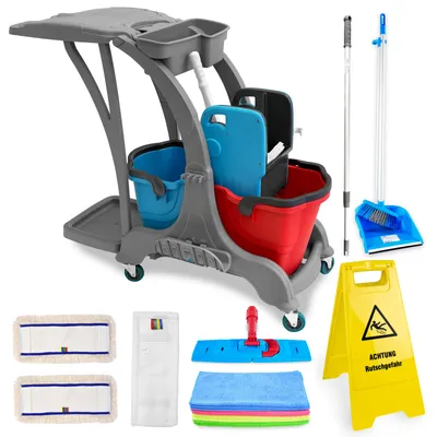 Produktbild von Hypafol Putzwagen Reinigungswagen Set | 2 x 25 l Eimer mit Wischmopp-Presse & Kehrgarnitur | 2x 40cm Baumwoll Wischmopp, 1x Mikrofaser-Mopp, 12 Mikrofasertücher | Warnschild „Achtung Rutschgefahr