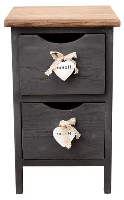 Produktbild von Nachttisch in Grau mit herzförmigen Griffen, Badschrank mit 2 Schubladen aus Paulownienholz, Shabby Chic – Maße: 41 x 25 x 25 cm (HxLxB)