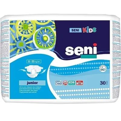 A package of Seni Kids Junior diapers.