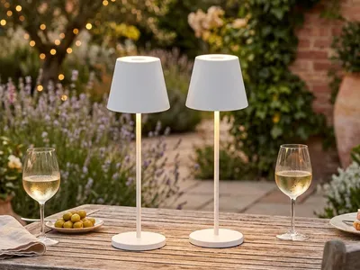 Produktbild von 2er SET Outdoor Akku Tischlampen Weiß ohne Kabel mit USB Anschluss & Ladestation