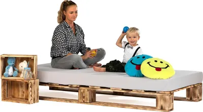 Produktbild von sunnypillow 90x200 cm Palettenbett aus Holz Holzbett Massivholzbett Bett aus Paletten Palettenmöbel Geflammt Vintage europalette 80 90 100 120 140 160 180 200 220 240 x 200 cm
