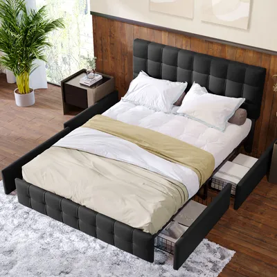 Produktbild von STILVORA Jugendbett 140x200cm Polsterbett mit Lattenrost&Stauraum,Doppelbett mit 4 Schubladen,höhenverstellbares Kopfteil,Schwarz(Ohne Matratze)