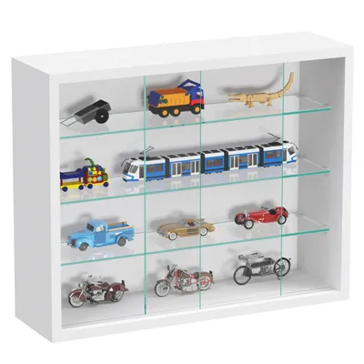 A white display cabinet with glass doors filled with various toy vehicles.