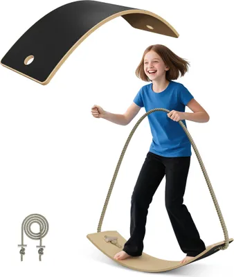 Produktbild von XMTECH Balance Board aus Holz mit EVA Anti-Rutsch Matte Schwarz, Montessori Spielzeug, Kinder Balancierbrett 82x30x1,5 cm, Wackelbrett für Gleichgewicht und Koordination, inkl. Seil & Holzstäbe