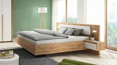 Image de Lit double « Xelo » avec sommier et éclairage, 160 x 200 cm, chêne sauvage, doré et blanc