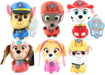 A collection of Paw Patrol plush toys arranged in two rows against a white background.