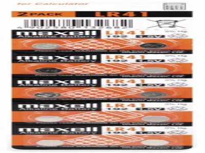 A retail package of Maxell LR41 alkaline button cell batteries.