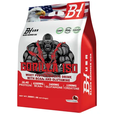 Produktbild von GORILLA ISO Whey 2kg Schokolade – Premium Whey Isolat Protein für Muskelaufbau, Kraft & Regeneration | Fitness Supplement | Black Hammer USA
