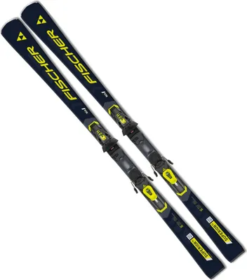 A pair of skis with bindings, presented on a white background.