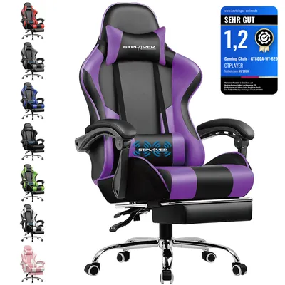 Produktbild von GTPLAYER Gaming Stuhl mit Fußstütze und Massage-Lendenkissen Bürostuhl Zocker Stuhl Ergonomischer Gamer Stuhl mit Verbindungsarmlehnen bis 150kg belastbar Lila