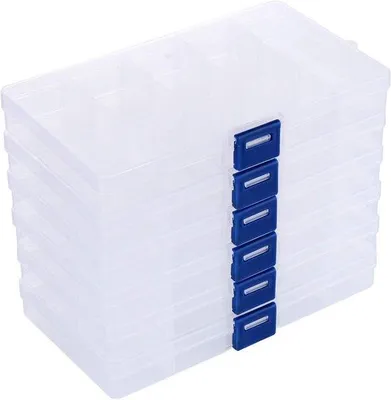 Immagine prodotto di 6 contenitori in plastica trasparente con coperchio rimovibile, contenitori regolabili con 15 scomparti
