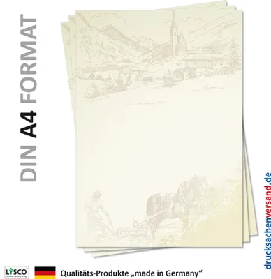 Produktbild von Motiv Briefpapier (Dorf-5129, DIN A4, 25 Blatt) Dorfzeichnung Malerei Bauernhof Motivpapier Bauer Feld Acker Pferde pflügen Kirche Häuser Zeichnung Malerei Landwirtschaft Gehöft