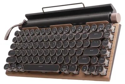 Obrázek produktu pro Mechanická klávesnice ve stylu psacího stroje, 83 kláves, retro bezdrátová klávesnice s technologií Bluetooth, s kulatými kovovými krytkami a povrchem v barvě dřeva