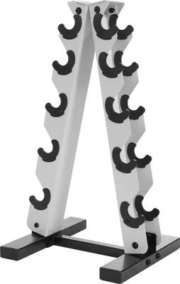 A white, A-frame dumbbell rack with black holders for dumbbells.