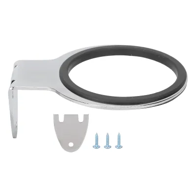 A chrome-finished hairdryer holder with a black rubber ring, along with a mounting plate and three screws, is displayed against a white background.