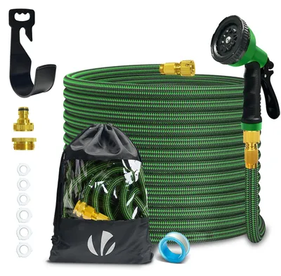 Produktbild von VOUNOT® Flexibler Gartenschlauch 15m, Flexibel Wasserschlauch Dehnbarer mit 10 Sprühfunktionen,Messinganschlüssen,Grün