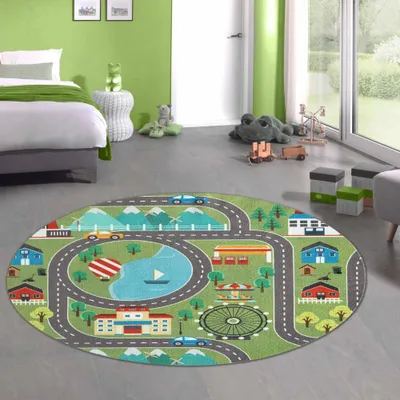 Immagine prodotto di Tappeto da gioco per bambini con vista sulla città nella natura in verde Dimensioni - 200 cm rotondo
