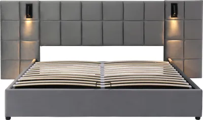 Produktbild von Flieks Polsterbett 160x200cm mit USB und Leselampe, Boxspringbett mit Lattenrost, Doppelbett mit Stauruam, Stauraumbett Funktionsbett, Samt, Grau