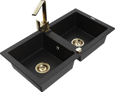 Produktbild von Mexen Mario 2-Becken-Granitspüle mit Mischbatterie Rita, Schwarz - 6504-77-670300-50