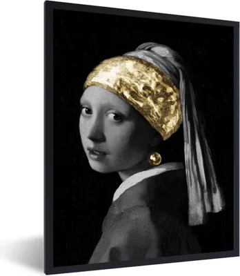 Produktbild von MuchoWow® Gerahmtes Poster Mädchen mit einem Perlenohrring - Vermeer - Gold 30x40 cm - Poster mit Schwarzem Bilderrahmen Wandposter Rahmen Foto Bilder - Wanddeko - Kunstdrucke