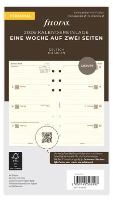 Immagine prodotto di Inserto calendario FILOFAX 2026 - Personale - 1 settimana = 2 pagine - cotone crema - tedesco - 26-68458