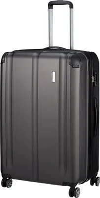 A dark gray trolley suitcase with black wheels and handle.