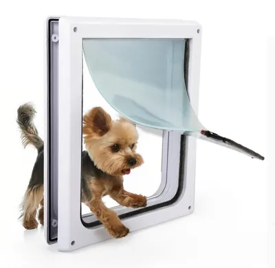 Produktbild von Hundeklappe 2-Wege verriegelbar mit Metallabdeckung transparent wetterfest leise 25 x 29 cm