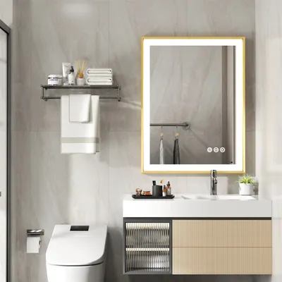 Produktbild von WISFOR LED Badspiegel mit goldenem Aluminiumrahmen 60 x 80 cm, Wandspiegel mit Touch Schalter, Anti-Fog dimmbar für Badezimmer Schlafzimmer Make-Up, 3