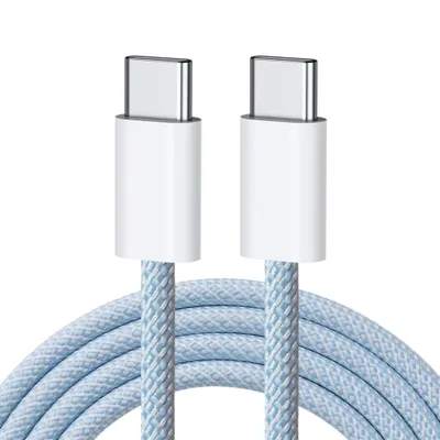 Produktbild von 1 meter Nylon USB-C zu USB-C Schnell-Ladekabel Hellblau für Smartphone Tablet Laptop und PC