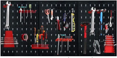 Image de TWOLIIN Cloison à outils Cloison à outils métallique en trois parties avec 17 crochets, peut être e dans l'atelier comme étagère murale