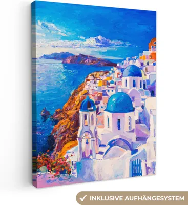Produktbild von MuchoWow® - Leinwandbilder - Malerei - Griechenland - Wasser - Öl, Wandbild, Wanddeko Bilder Wohnzimmer, 60x80 cm