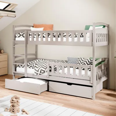 Produktbild von Hochbett 90x200 cm Etagenbett mit zwei Schubladen, Lattenrost, Rausfallschutz, umbaubar in zwei Einzelbetten, aus Vollholz massiv in weiss