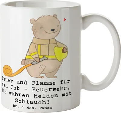 Produktbild von Mr. & Mrs. Panda Becher Feuerwehrmann Helden - Weiß - Geschenk, Pott, Teetasse, Kaffeebecher, Feuer und Flamme, Mut, Berufsliebe, Lebensretter, Kaffeetasse, Berufe, Tasse