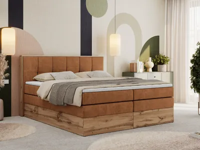 Produktbild von MKS MEBLE Boxspringbett, Doppelbett mit zwei Multipocket-Matratzen ALBERO 1 KING, Bettkästen und Kopfteil, Holzkiste in Wotan-Eichenfarbe - 180x200 cm - H3 - Orange Struktur
