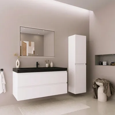 Produktbild von LOMAZOO Badmöbelset AVALON 100 cm - Mit Hochschrank - Glänzend Weiß - Waschbecken Schwarz
