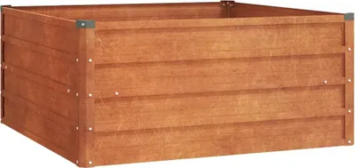 A wooden raised garden bed on a white background.
