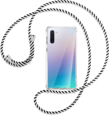 Produktbild von Handykette Backcover-Schutzhülle mit Band (Metall silberfarben) für Samsung Galaxy Note 10 (N970) - schwarz/weiß gestreift