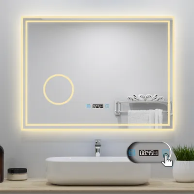 Produktbild von AICA LED Badspiegel 80x60cm mit Beschlagfrei Uhr Badezimmerspiegel 3 Lichtfarbe 3x Vergrößernder Kosmetikspiegel Dimmbar Memory-Funktion IP44