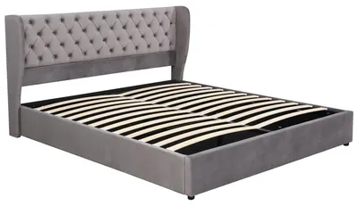 Obrázok produktu pre Postel s čalúneným čelom – dvojlôžko – s hydraulickým úložným priestorom – 140x200 cm – zamat – sivá farba
