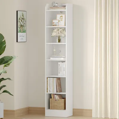 Productafbeelding van Smalle boekenkast, hoge open boekenplank, 7 niveaus, wit