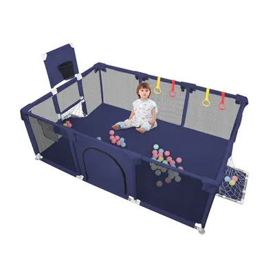 Produktbild von Laufstall baby 180x120cm,Laufgitter mit Basketballkorb,Fußballnetzen,Zugring,Schutzgitter mit Rutschfester Basis, Krabbelgitter für Kinder