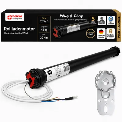Produktbild von heicko Pro Funk-Rollladenmotor 20 Nm SW60 Rohrmotor, Plug & Play, 45 kg Zugkraft, bis 12,5 m², KI-generiertes Bild