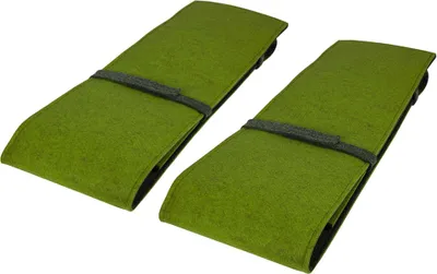 Two green bench covers with gray straps, presented on a white background.