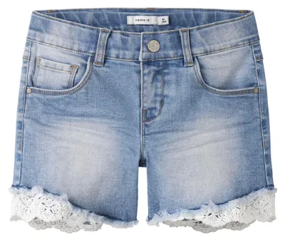 Produktbild von NAME IT Jeansshorts mit Spitzenbesatz und ausgefranstem Saum Größe:
