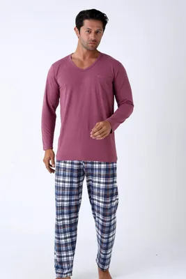 Produktbild von Herren Schlafanzug Langarm V-Ausschnitt 2-teiliges Pyjama-Set 100 % Baumwolle Gr. L–3XL