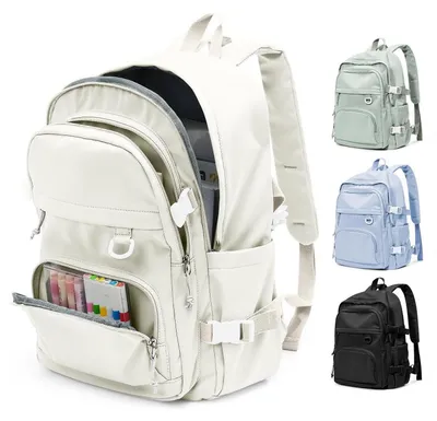 Produktbild von Schulrucksack Teenager Damen Herren, Leicht, Wasserdicht, 14 Zoll Laptop, Beige