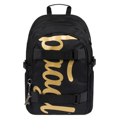 A black backpack with gold lettering and a small skateboard keychain.