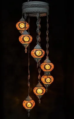 Obrázek produktu pro Závěsná lampa z hnědého a černého skla s barevnou mozaikou, orientální lustr se 7 koulemi, ručně vyrobený v Turecku