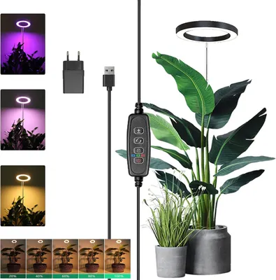Immagine prodotto di Lampada ad anello per la crescita delle piante con 72 LED, spettro completo (bianco, blu, rosso, bianco caldo), regolazione in altezza, timer 3/9/12 ore, USB con adattatore, nera